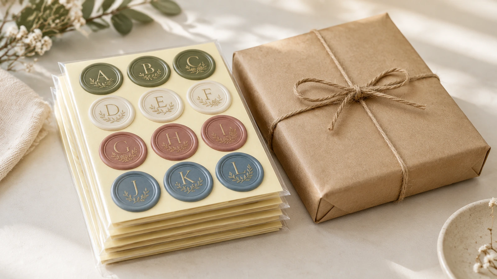 Feuilles de cachets à monogramme multicolores empilées à côté d'un cadeau en papier kraft attaché avec de la ficelle