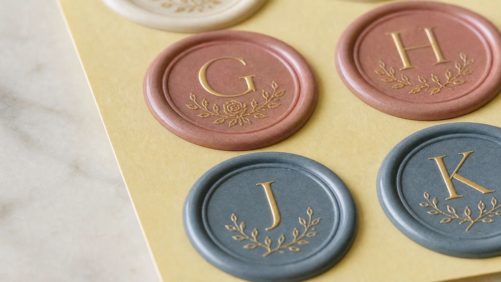 Gros plan de cachets de cire rose et bleu, ornés d'initiales dorées et de rameaux décoratifs sur une feuille support