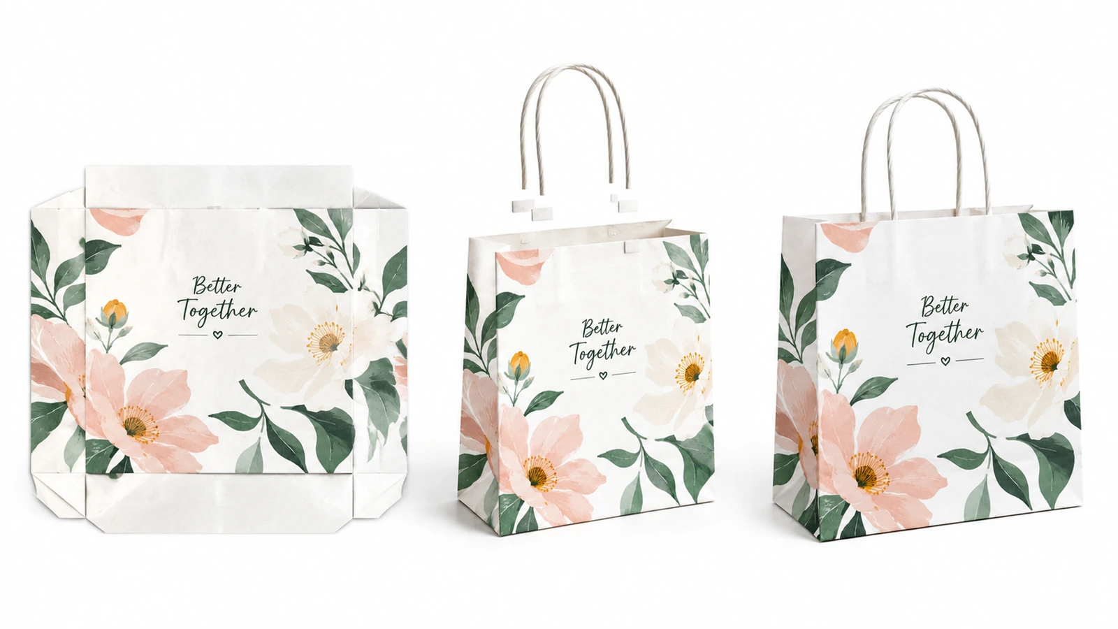 Sac en papier floral blanc présenté sans anses et sous forme de deux sacs finis