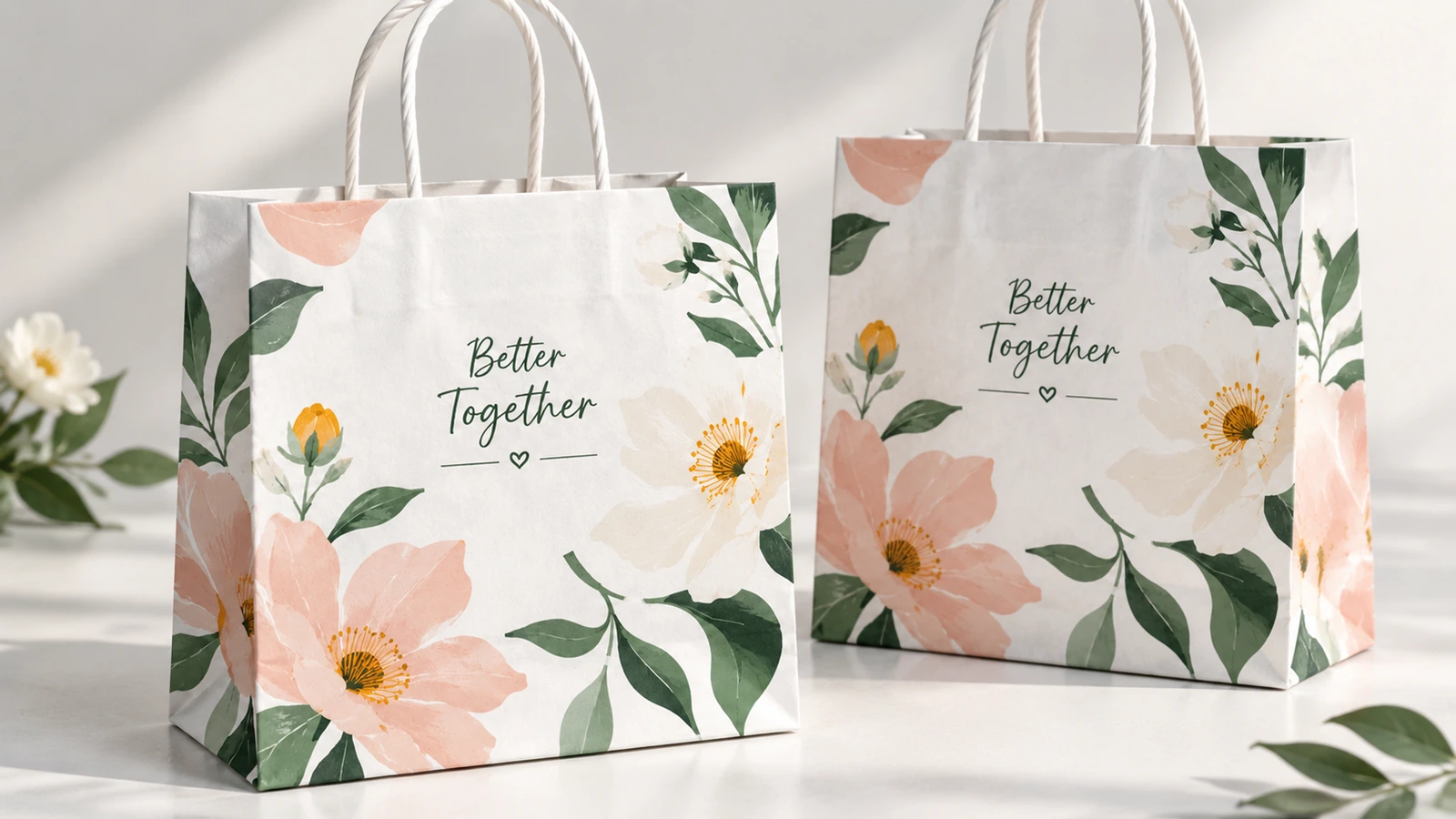 Deux sacs en papier floral blanc avec anses torsadées sur une table