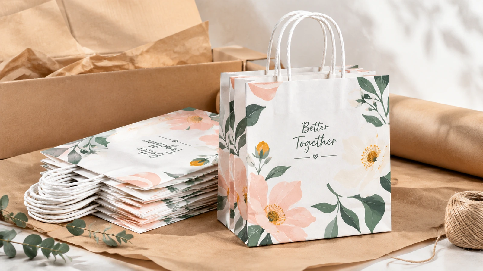 Sac en papier floral debout et sacs plats empilés à côté d’une boîte en carton ouverte