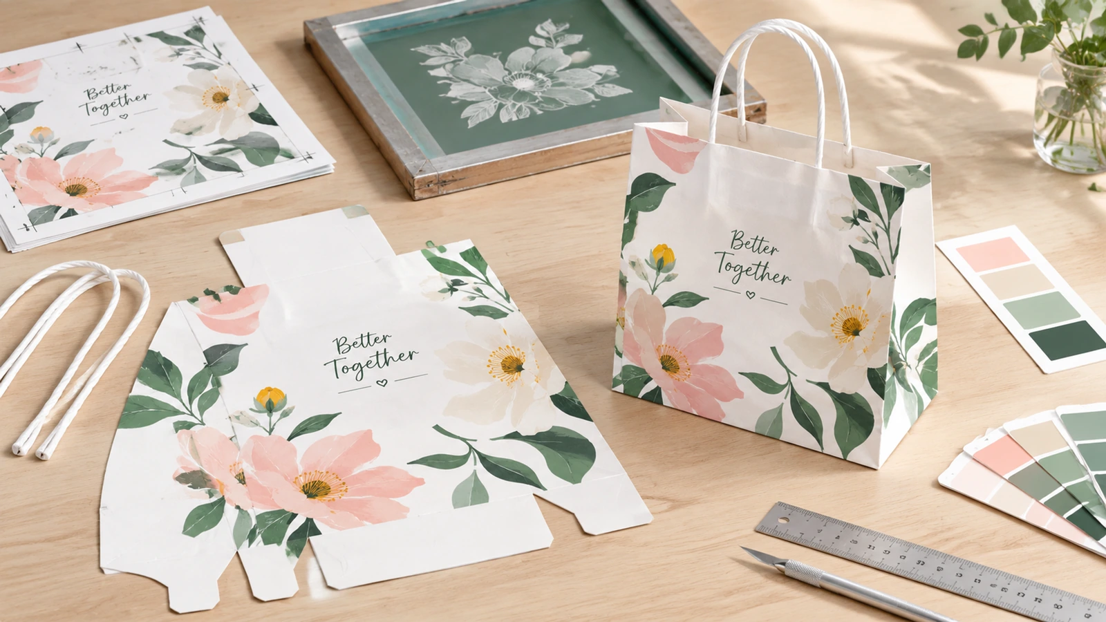 Sac en papier floral blanc avec éléments imprimés à plat, anses de rechange, nuanciers de couleurs et une règle