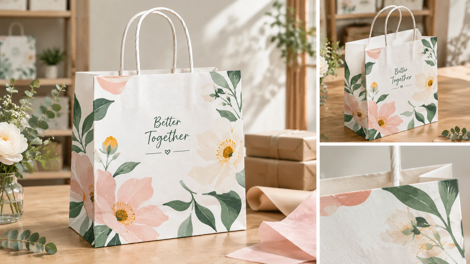 Sac en papier floral blanc avec soufflet et gros plans des bords supérieurs
