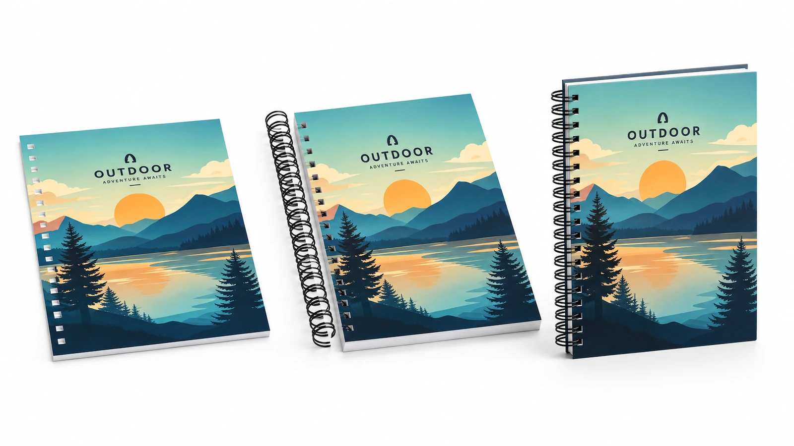Concept de feuille de couverture perforée à côté de carnets reliés à couverture paysage
