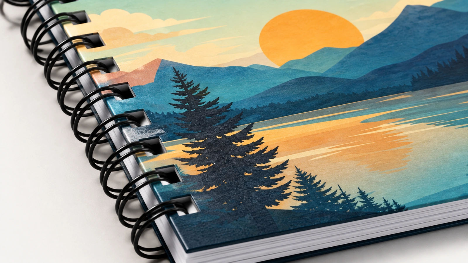 Gros plan conceptuel sur la reliure d'un carnet noir, le visuel de couverture paysage et les tranches des pages