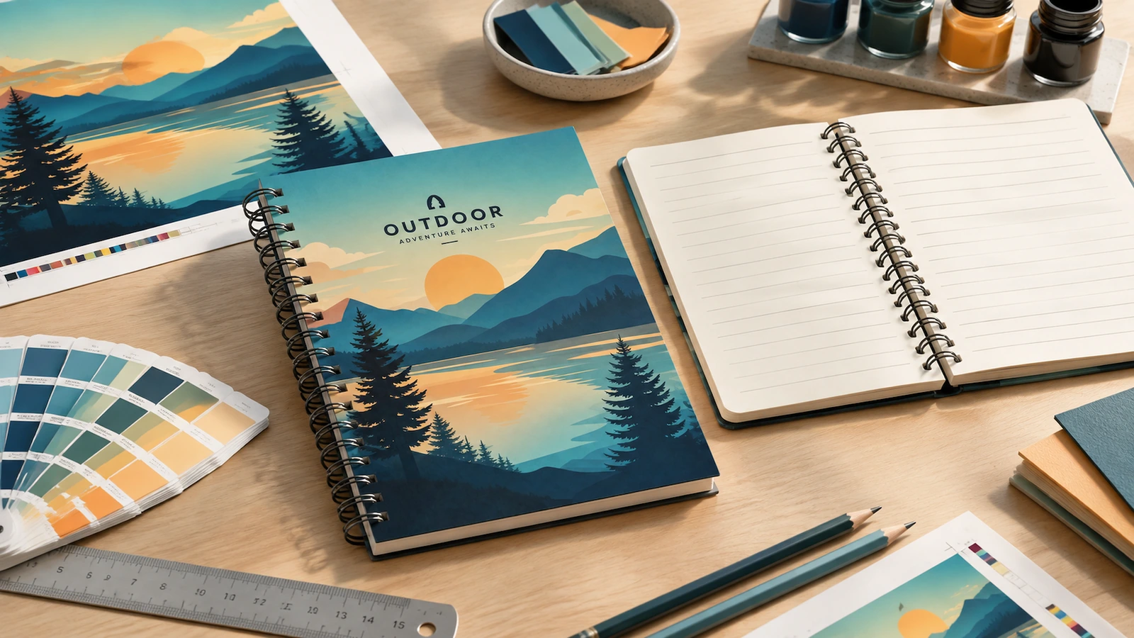 Concept de carnet à couverture paysage et de carnet ouvert à réglure, à côté de fichiers graphiques, de nuanciers et d'outils de dessin