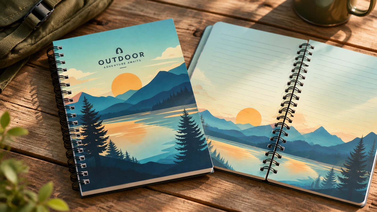 Concept de carnet à couverture paysage à côté d'un carnet ouvert dont les pages intérieures sont illustrées