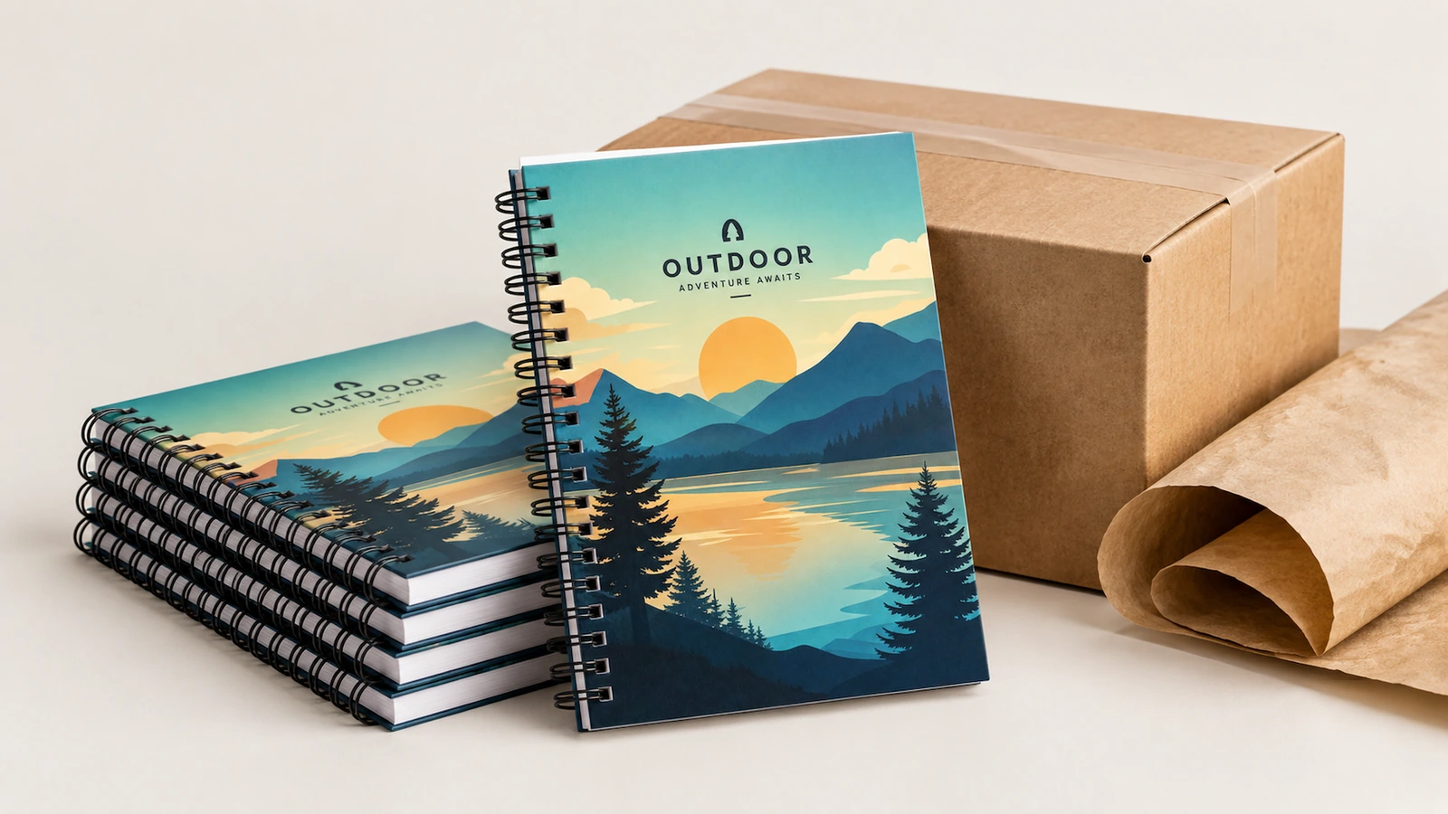 Concept de carnets empilés à couverture paysage à côté d'un carton et de papier kraft