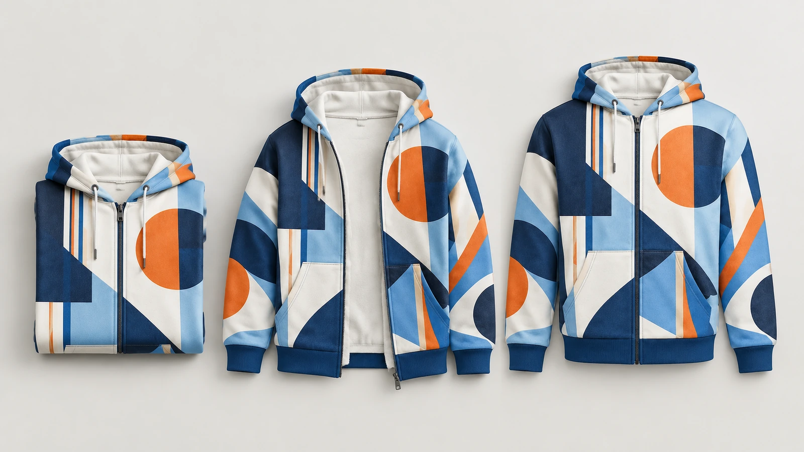 Vues d'un sweat à capuche zippé géométrique plié, partiellement ouvert et fermé