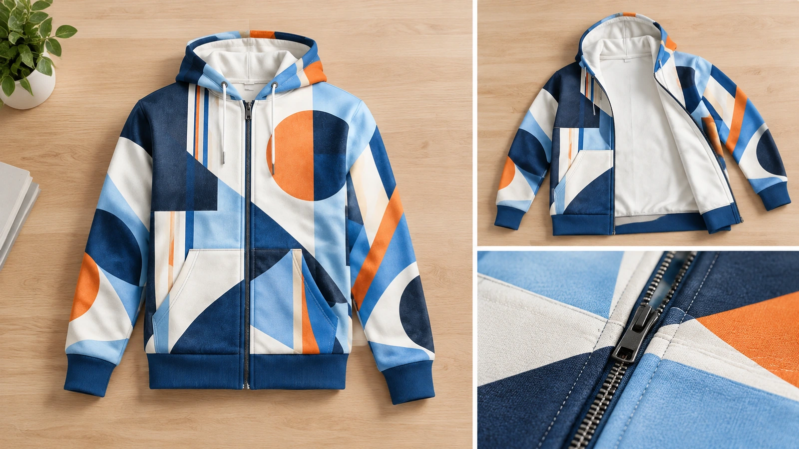 Collage d'un sweat à capuche zippé géométrique présenté à plat, partiellement ouvert et en gros plan sur la fermeture éclair