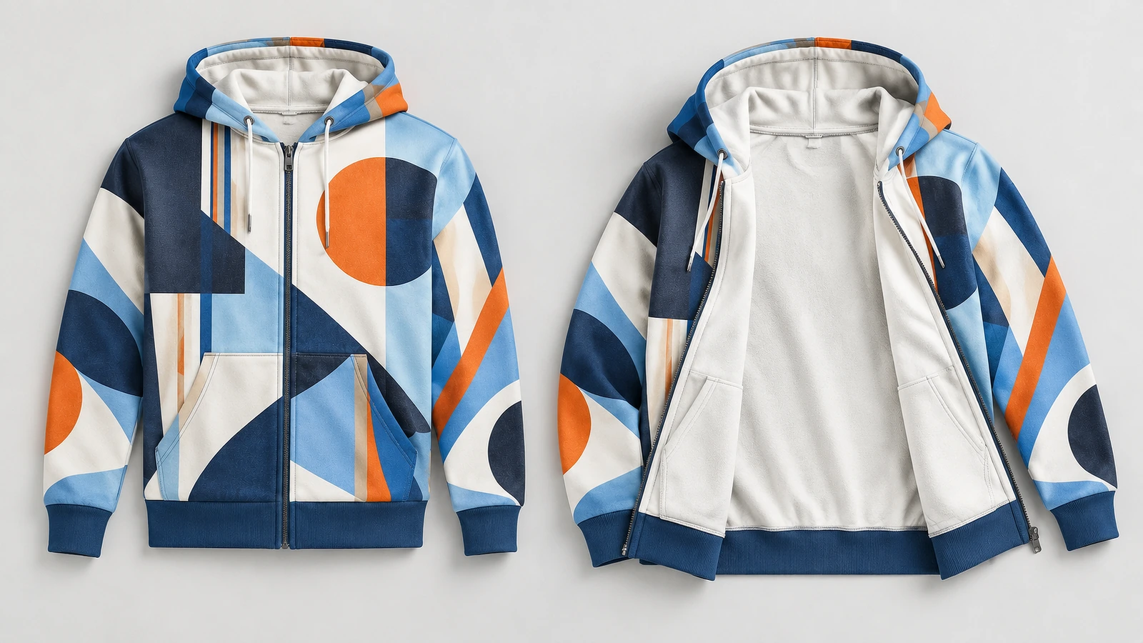 Sweat à capuche zippé géométrique présenté fermé et ouvert pour révéler un intérieur pâle