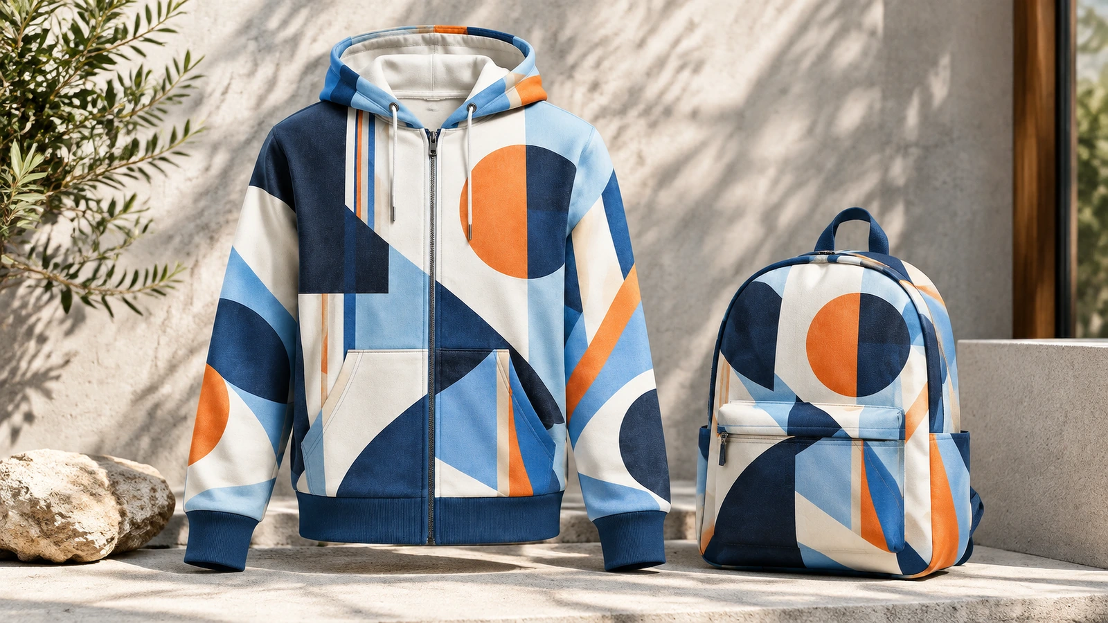 Sweat à capuche zippé géométrique exposé à côté d'un sac à dos aux motifs bleus et orange assortis